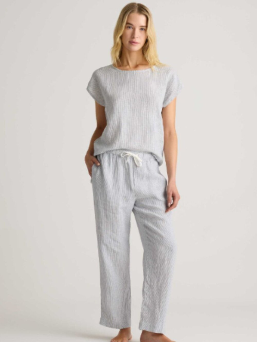 Quince 100% European Linen Blue Striped Pajama Set Small